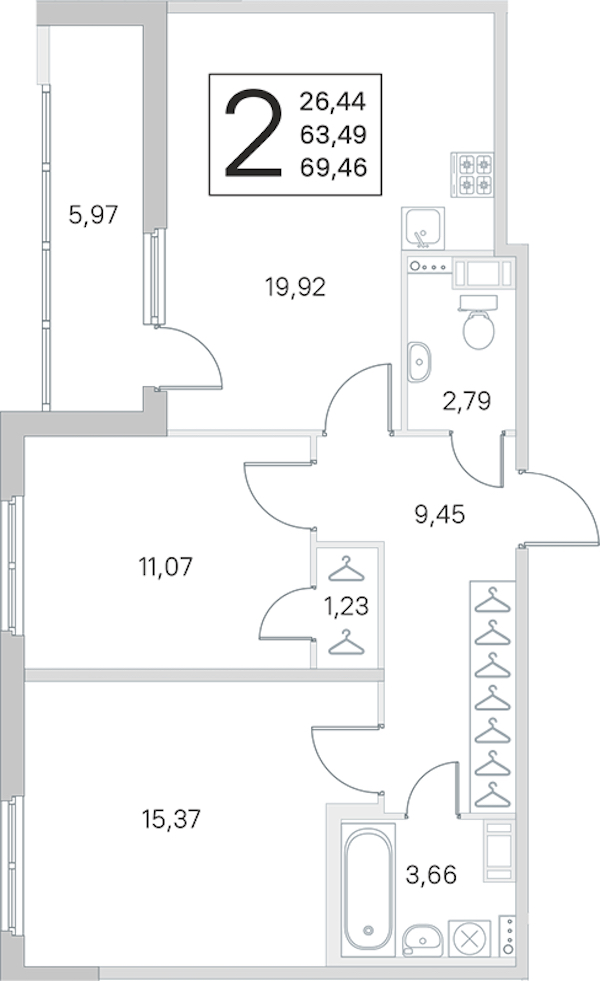 2-комнатная квартира 63.49 м², 2/4 эт., ЖК «Любоград в Стрельне»